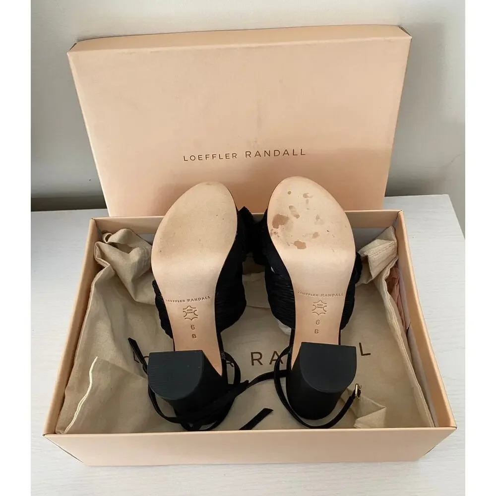 Loeffler Randall Natalia Black Silk Bow Pleated Platform Heel Sandals 6 NWT